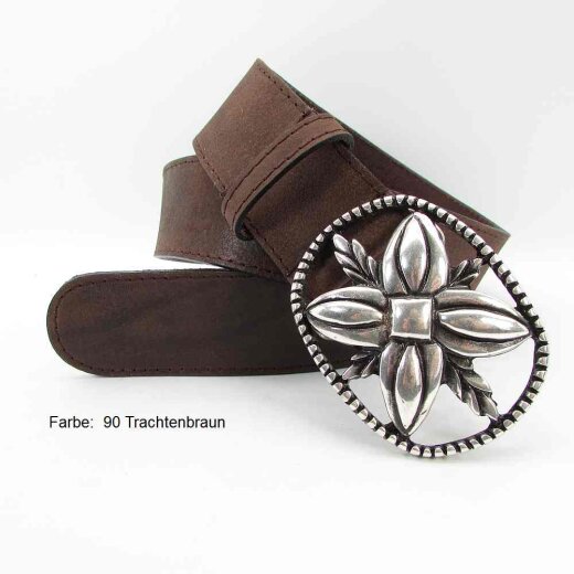 Trachtengürtel mit silberfarbener Blumen Gürtelschließe 4 cm breit trachtenbraun 90 110 cm Taillenweite