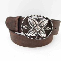 Trachtengürtel mit silberfarbener Blumen Gürtelschließe 4 cm breit trachtenbraun 90 110 cm Taillenweite