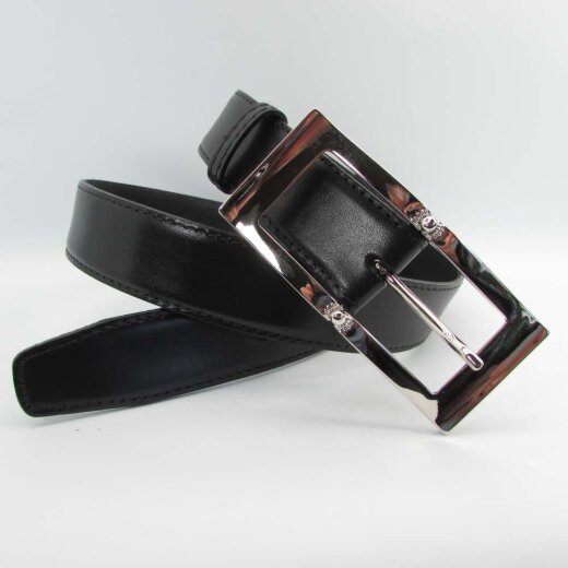 Schwarzer Damengürtel 3,5cm breit mit länglicher silberner Gürtelschließe 80 cm Taillenweite