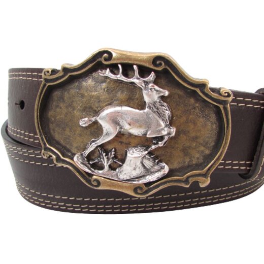 Hirschschließe mit Trachtengürtel 4 cm breit, altgoldener Gürtelschließe