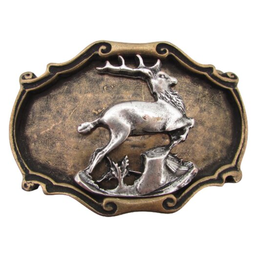 Trachtengürtelschließe  altgold mit silbernen Hirsch für 4 cm  Gürtel