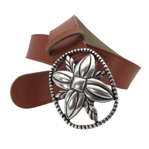Cognac Damen Jeansgürtel mit Silberschnalle Blüte 100